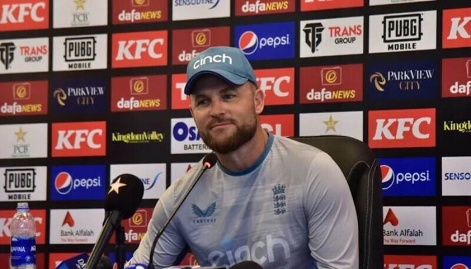<p>England coach Brendon McCullum speaks during the press conference on Monday in Rawalpindi. — Photo by PCB</p>