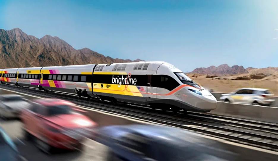 This undated illustration provided by Brightline West shows an illustration of the Brightline West High Speed Rail project train from Las Vegas to Rancho Cucamonga, Calif. A bipartisan congressional group from Nevada and California asked the Biden administration on Monday, April 24, 2023, to fast-track federal funds for a private company to build a high-speed rail line between Las Vegas and the Los Angeles area. (Brightline West via AP)