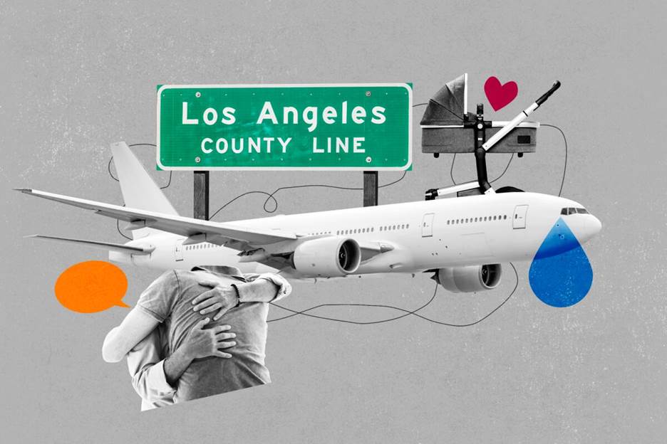 A collage illustration of a plane, baby stroller, highway sign and two humans hugging.
