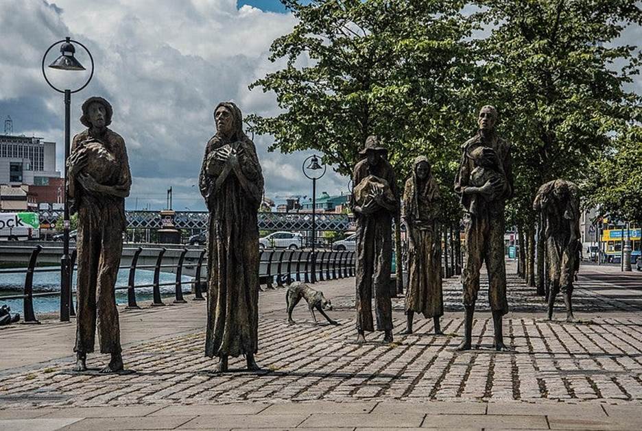 Dublin, monument to Famine victims. Shows a group of starving people and a dog.