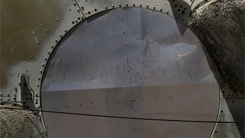 The words of Robert Oppenheimer, an inventor of the atomic bomb, are seen written in dust on part of a deactivated nuclear missile at the Pima Air and Space Museum May 13, 2015 in Tucson, Arizona. Robert Oppenheimer quoted Bhagavad-Gita saying Now I am become Death, the destroyer of worlds.