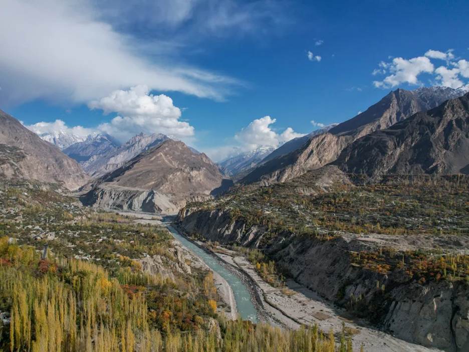 A drone shot of Hunza Valley in early May.