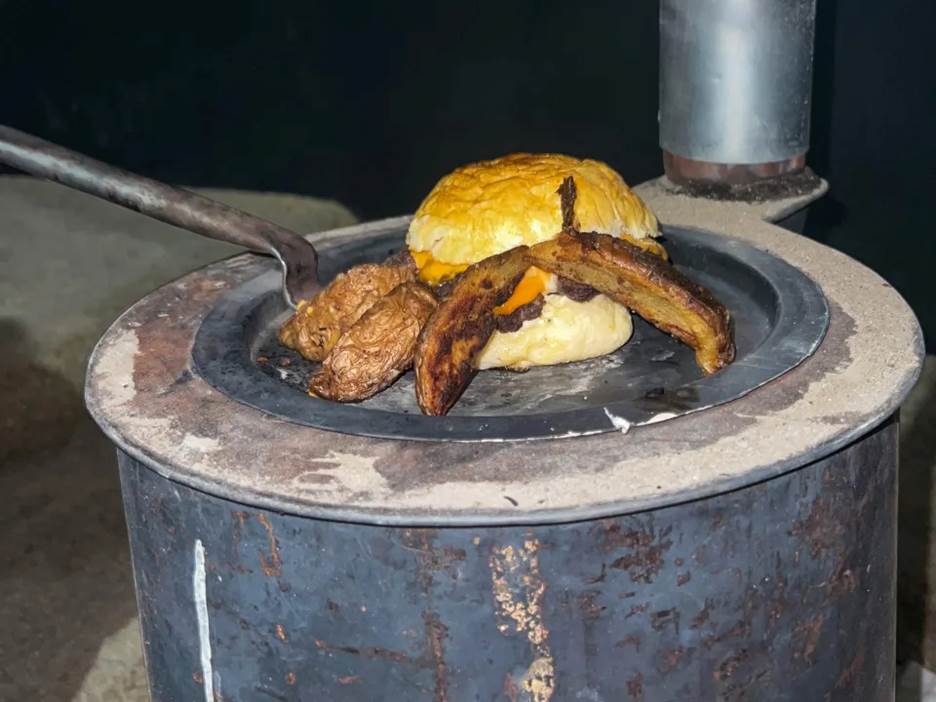 Yak burger on traditional stove.