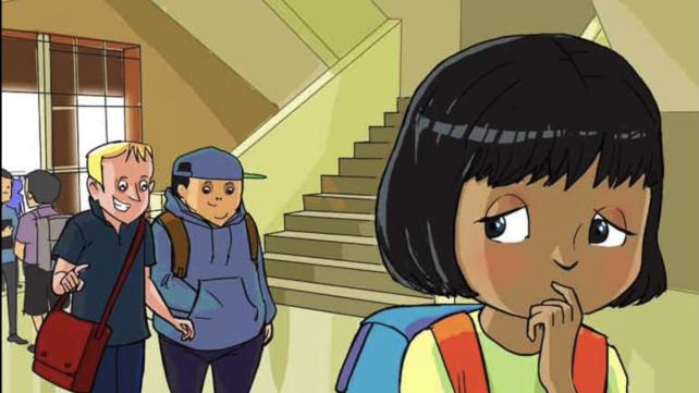 A cartoon of a child with a backpack  Description automatically generated