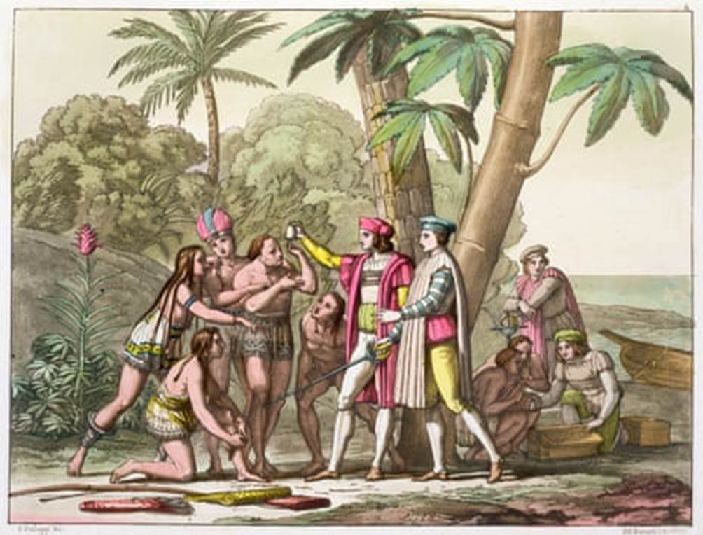 A depiction by 18th-century artist DK Bonatti of ‘Christopher Columbus With Native Americans’