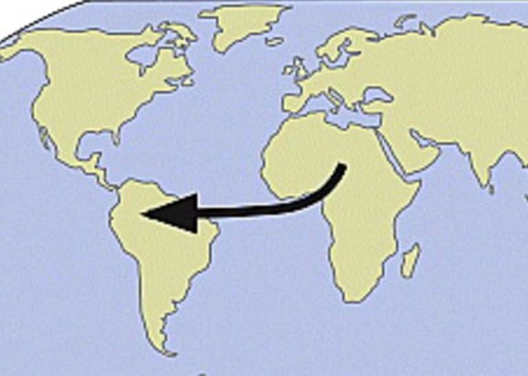 A map of the world with a black arrow  Description automatically generated
