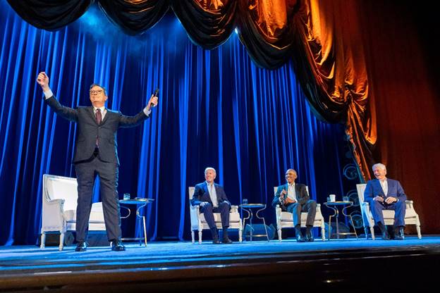 <p>Stephen Colbert moderated the fundraiser featuring a rare appearance by a serving president and two of his fellow Democratic predecessors </p>