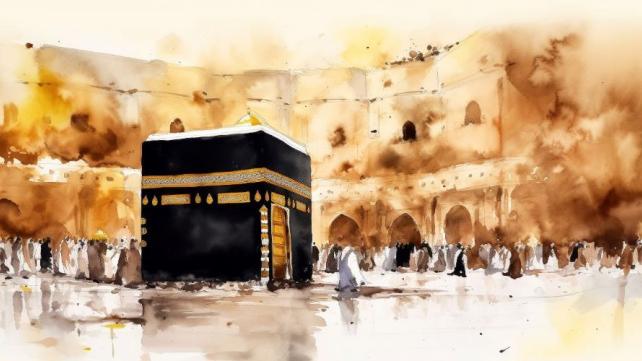 A painting of a black and gold building Description automatically generated
