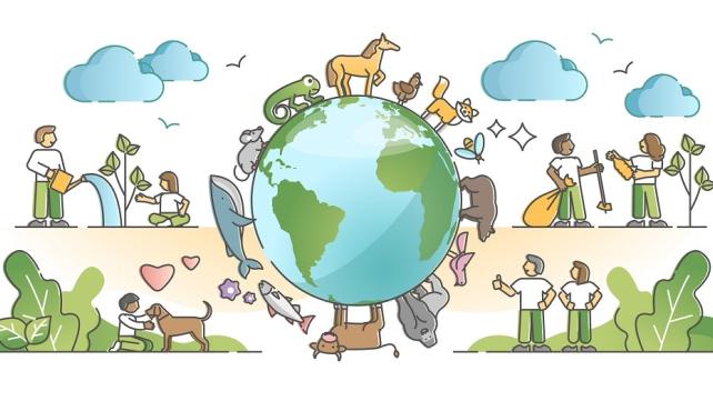 A cartoon of animals around the earth Description automatically generated
