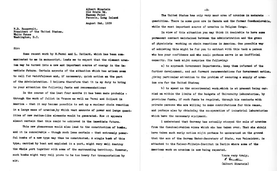 Einstein Roosevelt letter