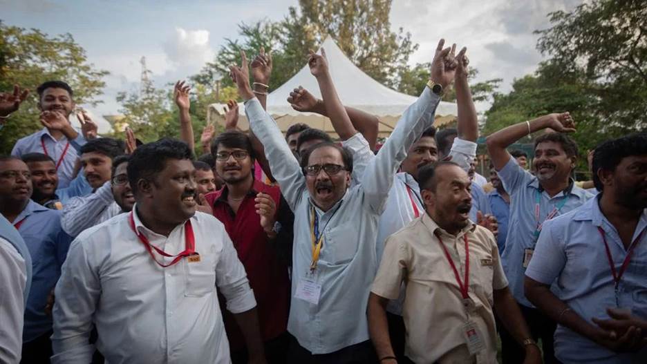 Employees of the Indian Space Research Organisation (ISRO) celebrate after the successful landing of the Chandrayaan-3 mission. - Abhishek Chinnappa/Getty Images AsiaPac/Getty Images