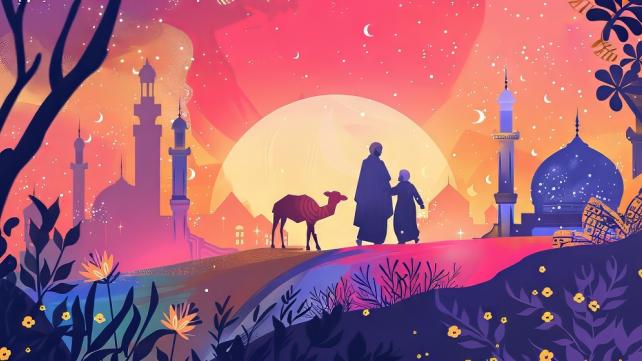 A person and child walking with camels in front of a sunset Description automatically generated