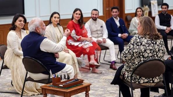Prime Minister Narendra Modi in a meeting with the Kapoor family ahead of the upcoming Raj Kapoor 100 Film Festival on Raj Kapoor's centenary, in New Delhi on Wednesday. (DPR PMO)