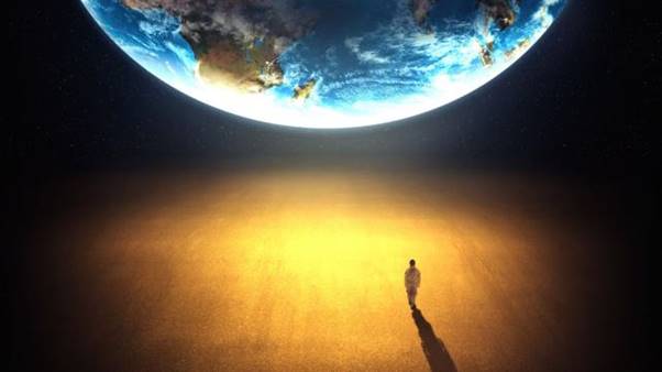 A person walking towards the earth Description automatically generated
