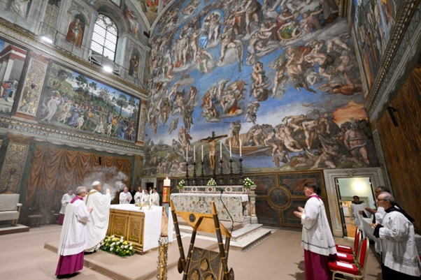 Pope Leo XIV celebrating mass in the Sistine Chapel.