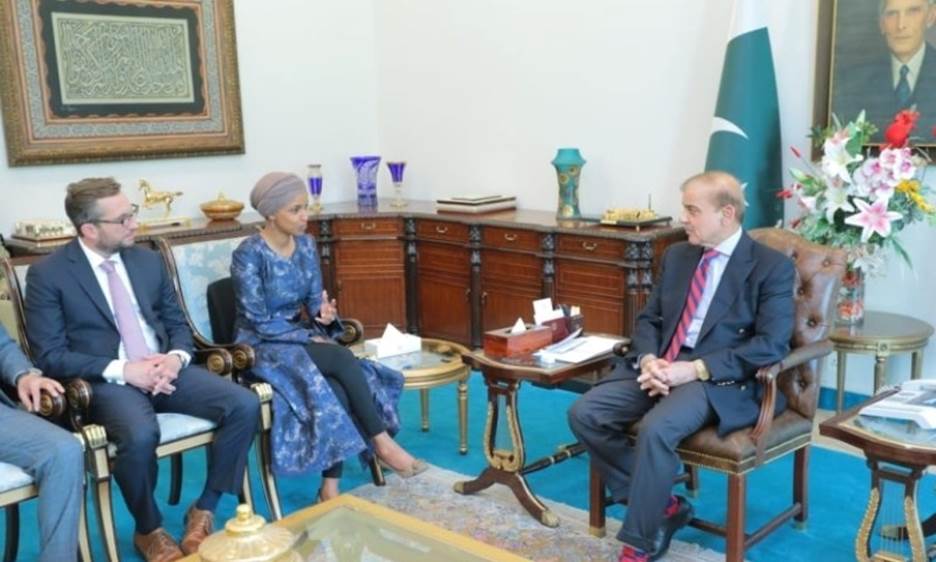 Prime Minister Shehbaz Sharif (R) meets US Congresswoman Ilhan Omar (L) in Islamabad on Wednesday. — APP