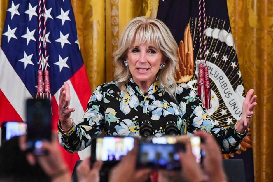 US First Lady Jill Biden welcomes visitors on Monday to an Eid Al Fitr reception in the East Room of the White House in Washington. AFP
