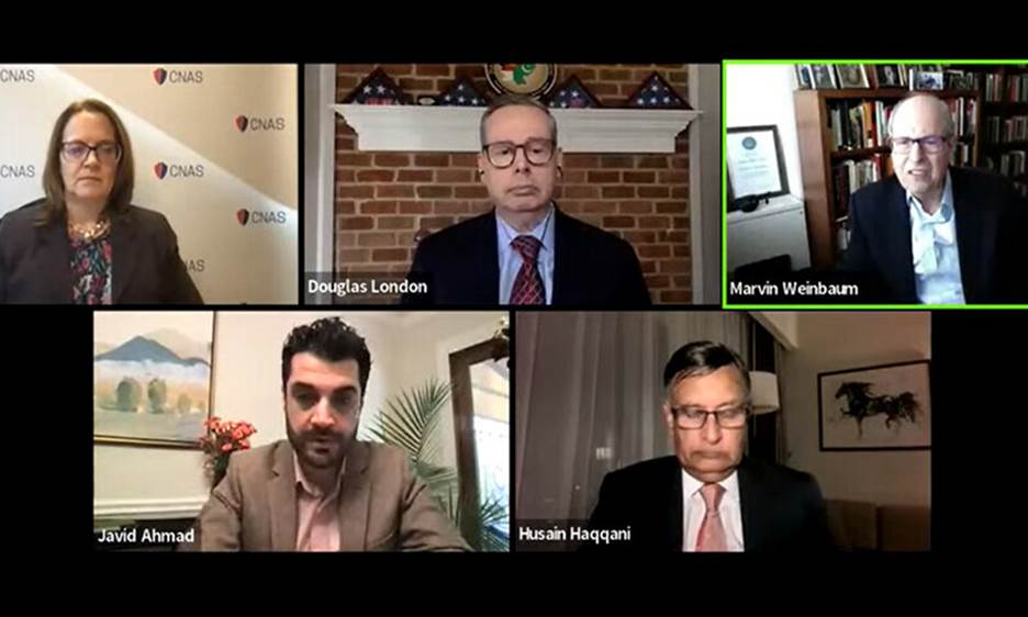 <p>Lisa Curtis (top left), Douglas London (top centre), Marvin Weinbaum (top right), Javid Ahmad (bottom left) and Hussain Haqqani (bottom right) participate in a seminar organised by Middle East Institute on Tuesday. — Screengrab via MEI YouTube</p>
