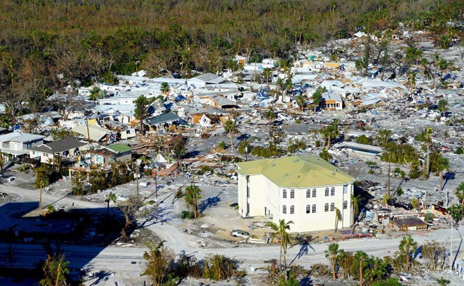 The devastation on Fort Myers Beach is clear in a view south of Matanzas Pass Preserve.