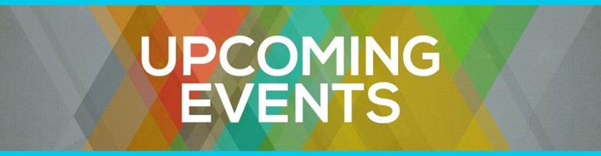 Teal background with Upcoming Events text and icon of a calendar