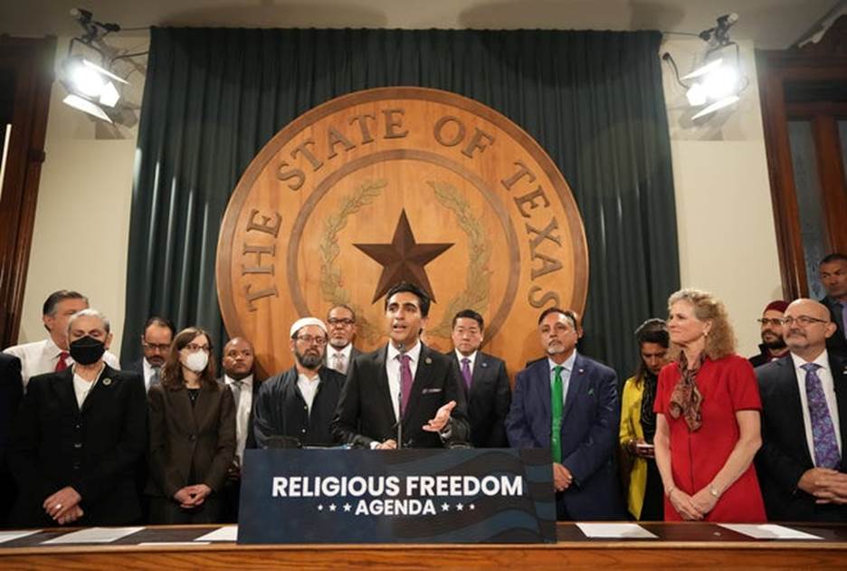 State Rep. Salman Bhojani, D-Euless, speaks at a news conference at the Capitol in February about the Religious Freedom Agenda. After the election of the first two Muslim state representatives, Bhojani and Suleman Lalani, D-Sugar Land, the Capitol held its first iftar dinner.