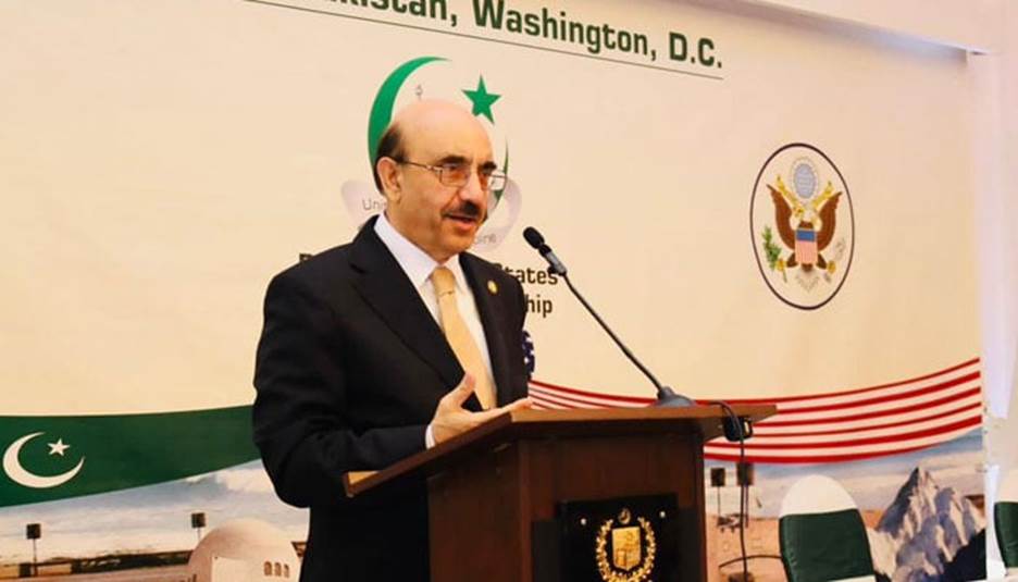 Pakistan’s ambassador to the United States Masood Khan addresses an event. —X/@Masood__Khan/File