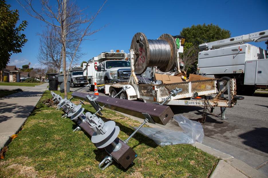 SCE is pre-positioning equipment and material like this in areas deemed most vulnerable to the upcoming storm, in anticipation of roads being impassible for repair crews.