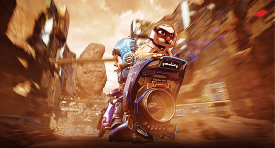 A cartoon character riding a motorcycle Description automatically generated