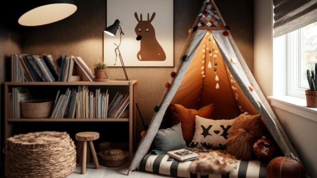 A teepee with pillows and a bookcase  Description automatically generated
