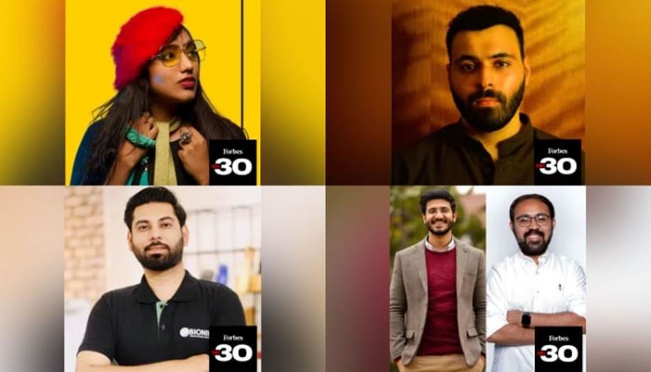 (From top left to right) artist Ayesha Mubarak Ali, storyteller Azam Mahmood, Bioniks founder Anas Niaz and KalPay cofounders Hassan and Islam. — Forbes