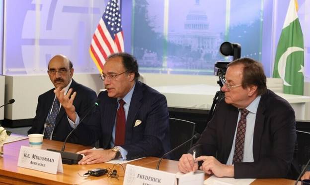 Finance Minister Muhammad Aurangzeb speaks at the Atlantic Council on his first working day in Washington. — PID
