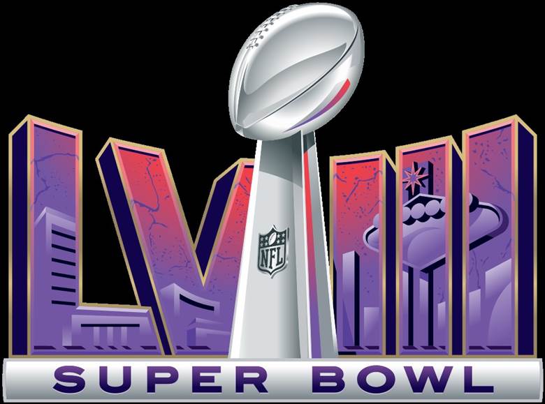 A super bowl logo with a football and a ball  Description automatically generated