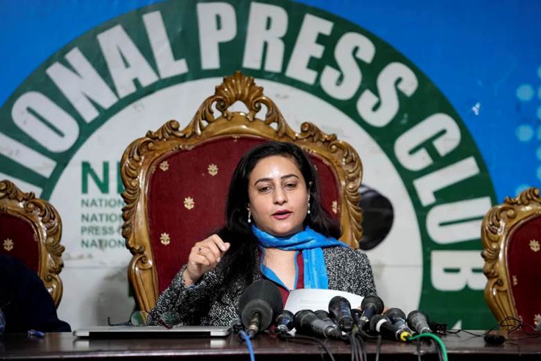 Munizae Jahangir, the co-chairperson at the Human Rights Commission of Pakistan, speaks during a news conference, in Islamabad, Pakistan, Monday, Jan. 1, 2024. Pakistan's rights body said Monday there is little chance of free and fair parliamentary elections next month because of pre-poll rigging. It also expressed concerned about authorities rejecting most candidates from former premier Imran Khan's party, including Khan himself. (AP Photo/Anjum Naveed)
