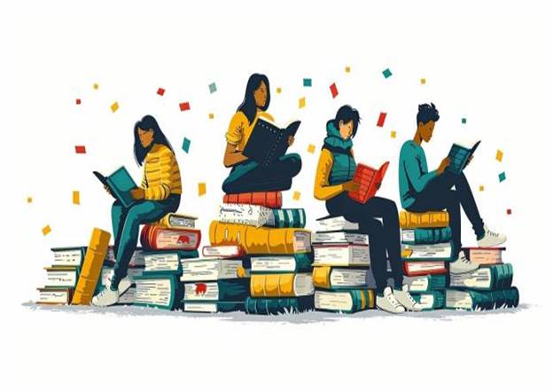 A group of people sitting on books Description automatically generated