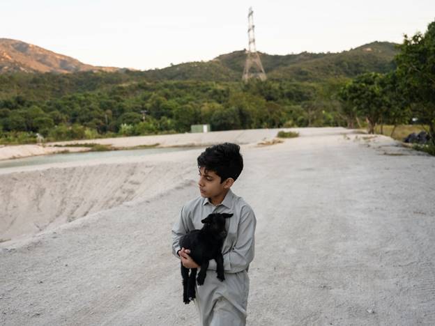 A child holding a black goat Description automatically generated