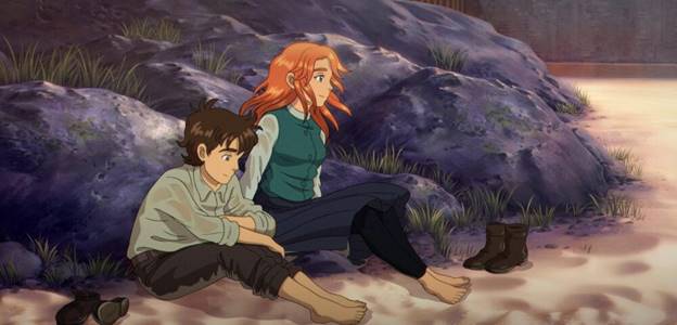 A cartoon of two people sitting on a rock Description automatically generated