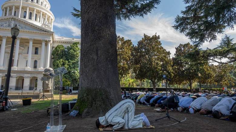 A group of people praying in front of a large tree Description automatically generated