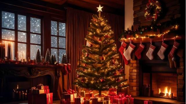 A christmas tree with presents in a room Description automatically generated