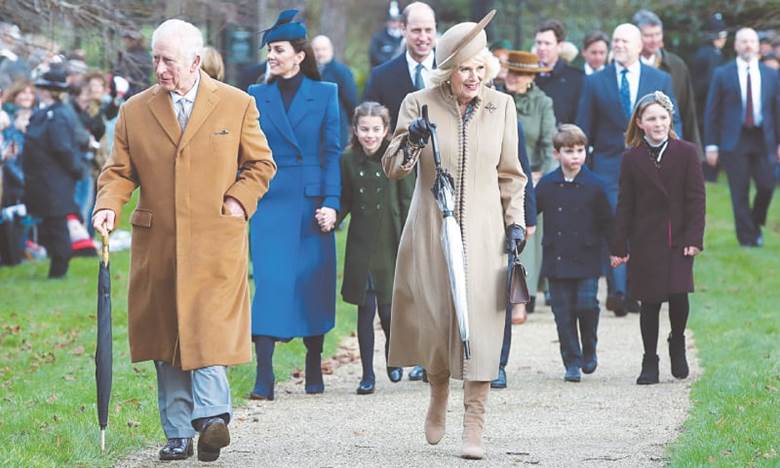 KING Charles, Queen Camilla, Prince William, Princess Catherine, Princes George and Louis, and Princess Charlotte, arrive at St Mary Magdalene’s church to attend the royal family’s Christmas service.—Reuters