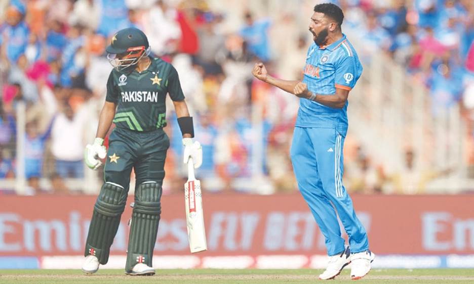 Ahmedabad: India’s Mohammed Siraj celebrates after taking the wicket of Pakistan’s captain Babar Azam during their ICC Cricket World Cup match at Narendra Modi Stadium, on Saturday.—Reuters