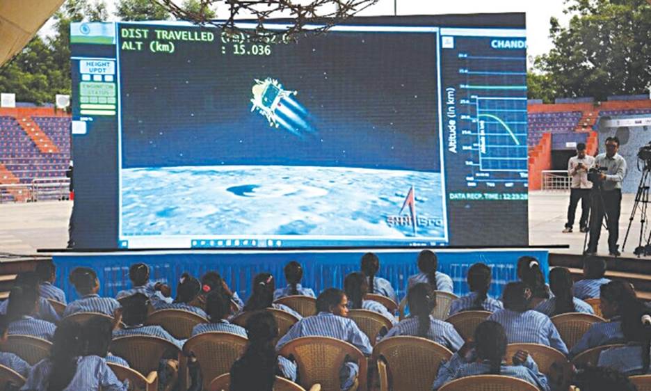 Students in Ahmedabad, India watching a live stream of the Chandrayaan-3 spacecraft’s landing on the moon | Reuters