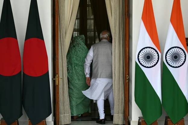 India's Prime Minister Narendra Modi (R) and now ousted Bangladeshi prime minster Sheikh Hasina, seen here in 2022, were once close allies (Money SHARMA)