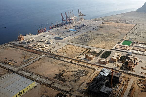 An aerial view of a port under construction.