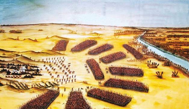 A painting of a military base Description automatically generated