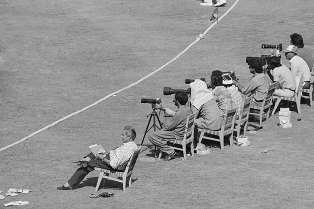 Woodcock on his last official tour as Times cricket correspondent at the First Test in Lahore, Pakistan, 1987