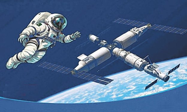 An AI-generated image of a Pakistani astronaut and the Chinese Tiangong space station published on social media by the Space Education and Awareness Drive, a Suparco initiative