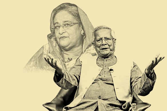 A composite image of Muhammad Yunus (front) during a visit to Britain in June, and Sheikh Hasina, now believed to be in New Delhi.