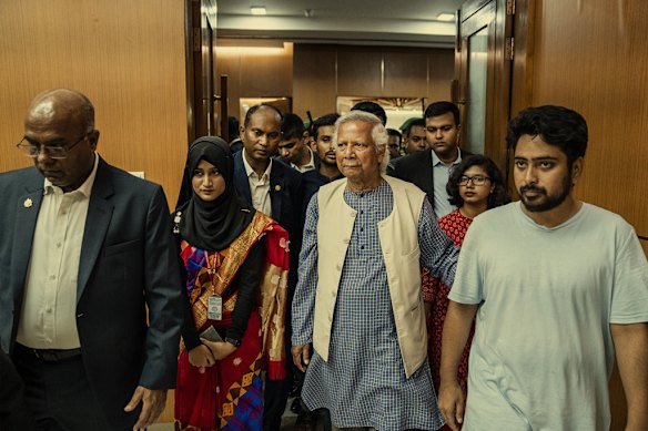 Muhammad Yunus arrives in Dhaka in August 2024 to lead the interim government after the student uprising.  